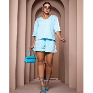 Imagem de Conjunto em Moletom Blusa Decote V e Shorts Listra Lateral-Feminino