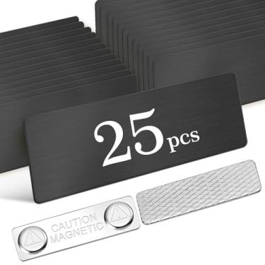 Imagem de Etiquetas de nome magnéticas em branco, pacote com 25, etiquetas de nome de 2,5 x 7,6 cm para roupas, crachás de aço inoxidável DIY com suporte magnético forte, material de escritório escolar, preto