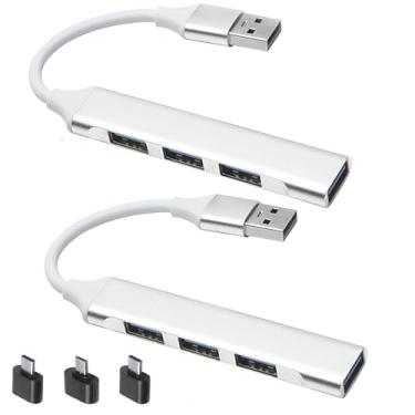 Imagem de 2 Hub USB 3.0, 4 portas USB A Splitter, expansor USB ultrafino para mouse, teclado, pen drive, disco U, impressora, compatível com laptop, PC de mesa, Xbox, PS5 e mais, com um adaptador USB C para USB