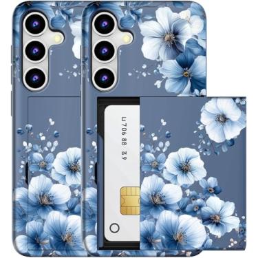 Imagem de MUQR Capa compatível com Samsung Galaxy S23+ Plus com porta-cartão fofo - Capa tipo carteira robusta com design Kawaii, proteção contra quedas de grau militar (flores retrô elegantes azuis)