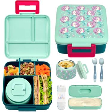 Imagem de JXXM Lancheira Bento para crianças com garrafa térmica de sopa de 227 g, recipientes à prova de vazamento com 5 compartimentos, recipientes térmicos para alimentos para escola (azul-unicórnio)