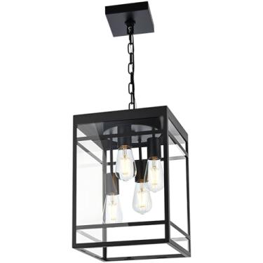 Imagem de QueeuQ Grande luminária pendente externa para varanda, luminária suspensa preta para uso externo, lustre linear externo para pátio externo, porta da frente