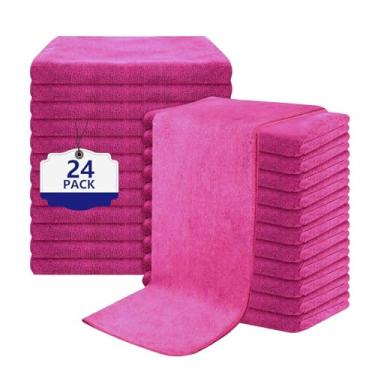 Imagem de Puomue Toalhas pretas de salão de beleza, toalha de cabelo de microfibra super macia e absorvente para salão, banho, spa, piscina e casa, 68,5 x 40,6 cm (rosa - pacote com 24)