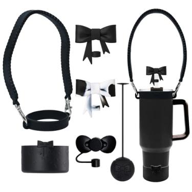 Imagem de SEEZIZI Conjunto de acessórios de laço de silicone Stanley Cup, incluindo alça de alça de garrafa de água, capas de palha fofas reutilizáveis e botas, coador de chá, compatível com Stanley 1,134 g e