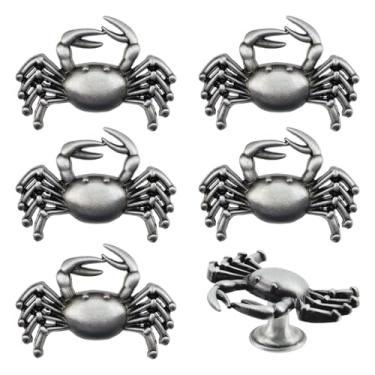 Imagem de HEVSTIL Pacote com 6 puxadores de armário em forma de caranguejo, puxador de orifício único com tema de natureza, puxadores decorativos de estanho dourado fosco vintage para armário de gaveta de