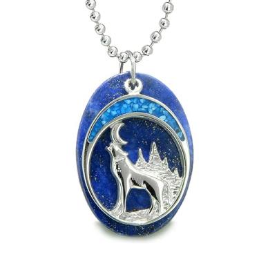 Imagem de Colar de lua com detalhes de lobo uivante turquesa - Joias de pedras preciosas espirituais - Amuletos da série I am Moonlight, 18" CHAIN - Lapis Lazuli, pedra preciosa Aço inoxidável, Lápis-lazúli