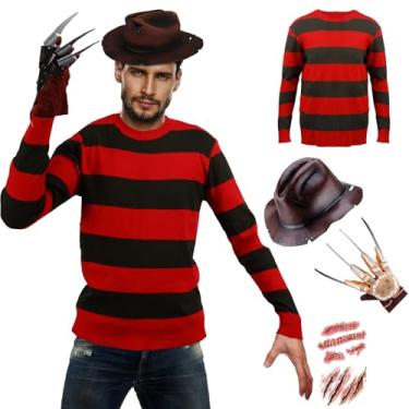 Imagem de Xinxiaomeng 4 peças fantasia de assassino de Halloween suéter listrado pesadelo luva chapéu cicatriz adesivos de fantasia de Halloween adereços de fantasia