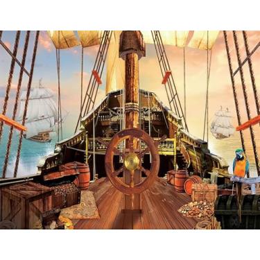 Imagem de SADFA Pano de fundo de navio pirata de 2,1 x 1,5 m | Barco à vela de madeira vintage com âncora e mapa do tesouro para decoração de festa de aniversário de adultos, faixa de festa de Halloween para
