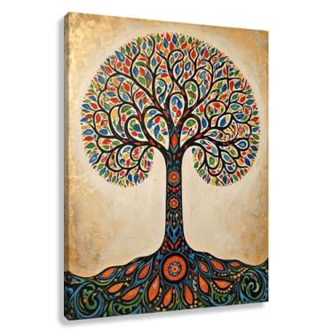 Imagem de Impressão em tela de arte de parede da Árvore da Vida para decoração de sala de estar com motivos de crescimento espiritual em azul dourado 45x60cmx1