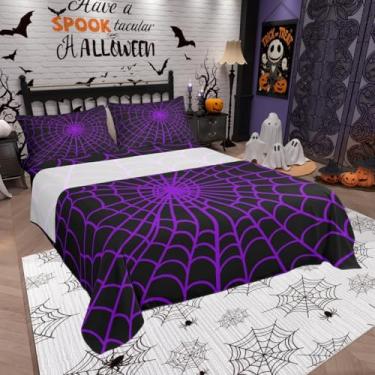 Imagem de Jogo de cama king de teia de aranha, feliz dia das bruxas, geométrico, abstrato, decoração de quarto de meninos, meninas, mulheres, homens, fantasma, aranha, roxo, moderno, 4 peças (elástico + plano +