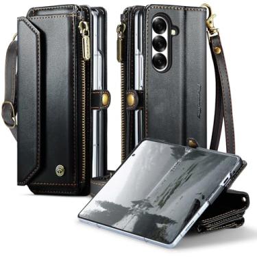Imagem de CaseMe Capa carteira para Samsung Galaxy Z Fold 7, capa multifuncional feita à mão de couro sintético flip magnética à prova de choque com alça de ombro com bloqueio de RFID, suporte para cartão e