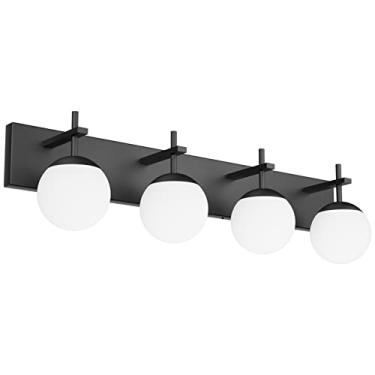 Imagem de Ralbay Luzes modernas de banheiro de meados do século 4 luzes de meados do século moderno sobre espelho, globo de vidro leitoso preto fosco luminária de parede de banheiro (exclui lâmpada)