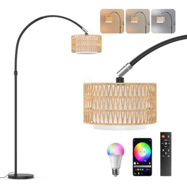 Imagem de Luminária de chão de arco com controle remoto, luz de LED regulável com 3 temperaturas de cor, lâmpada de pé preta com cortina de tambor duplo em vime e tecido, luminária de chão alta Boho Farmhouse