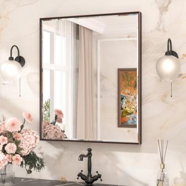 Imagem de TETOTE Espelho de bronze polido a óleo para banheiro espelho de penteadeira com moldura chanfrada de 76 x 91 cm, vidro temperado, à prova de estilhaçamento, para quarto moderno, entrada, sala de estar