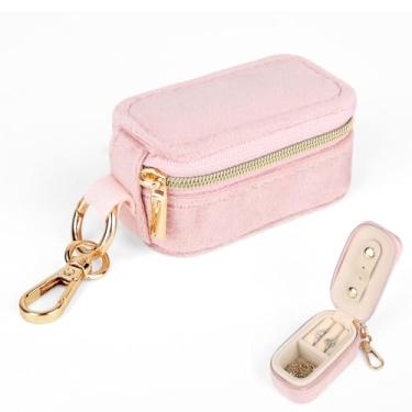 Imagem de Mini Estojo de Viagem de Veludo para Joias, Organizador Chaveiros 2 em 1 Anéis Feminino Caixa Pequena com Divisórias para Brincos Colares Pingentes (Rosa)