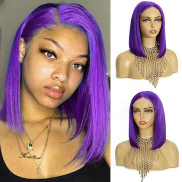 Imagem de RUOXUAN Perucas roxas sem cola de cabelo humano pré arrancadas 12 x 12 HD peruca frontal de renda transparente 180% densidade 12 x 5 fechamento de renda perucas retas roxo curto Bob 30 cm