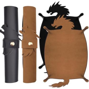 Imagem de SIQUK 2 peças bandeja de rolamento de dados de dragão de couro PU suporte de dados dobrável para jogos de RPG D&D (camelo, preto)