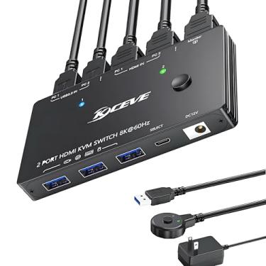 Imagem de Interruptor HDMI KVM 8K @60Hz 1 monitores 2 computadores USB 3.0 KVM Switches Porta HDMI para dois computadores compartilham tela única e 3 portas USB 3.0, Plug and Play, inclui 2 cabos USB e