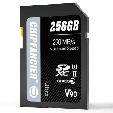 Imagem de CHIPFANCIER Cartão SD 256GB V90 SDXC UHS-II V90 Cartão de memória R290MB/s W290MB/s C10 U3 V90 Full-HD e vídeo 8K para fotógrafos profissionais e criadores de conteúdo DSLR câmeras sem espelho preto