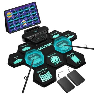 Imagem de AODSK Conjunto de bateria eletrônica, 9 blocos de treino com conector de fone de ouvido, máquina de enrolar, alto-falante, pedais de bateria, ótimo presente de Natal, aniversário