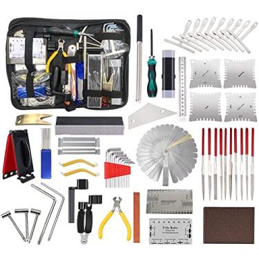 Imagem de TUOREN Kit completo de ferramentas de reparo de guitarra de 61 peças com ferramenta de medição de medidor de régua, arquivos de chave sextavada, protetor de dedo para guitarra elétrica acústica e
