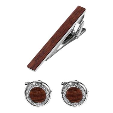 Imagem de Abotoaduras de madeira e clipe de gravata para homens: abotoaduras de camisa de smoking acessórios legais para negócios, Natal, aniversário, Marrom nogueira, standard