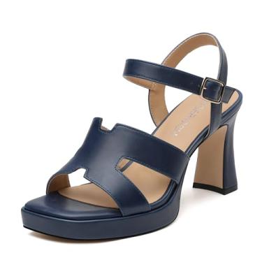 Imagem de ROSERWISH Sandálias femininas grossas de salto alto com plataforma – bico aberto quadrado, vestido de festa de casamento, sexy, confortável, salto de formatura com tira no tornozelo e design de tiras