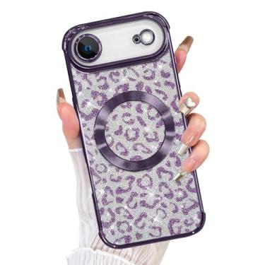 Imagem de Fiyart Capa projetada para iPhone Air 2025, compatível com MagSafe Plating proteção para câmera Cheetah Leopard Print Glitter Magnetic para mulheres e homens à prova de choque para telefone 16,8 cm