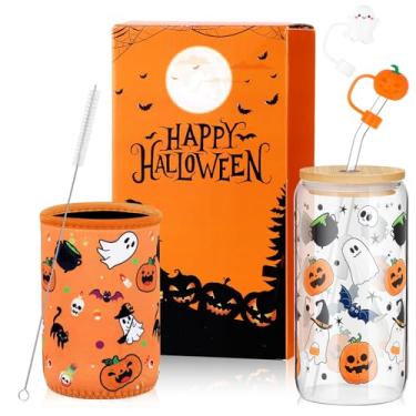Imagem de Potchen Copo de vidro fantasma abóbora Halloween 473 ml copo de café gelado com tampa, canudo, tampas de palha de abóbora fantasma e manga assustador copo de vidro de Halloween presentes boo cesta