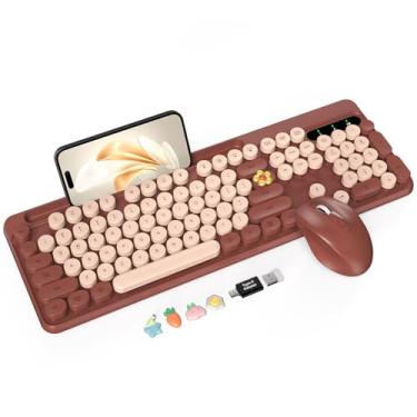 Imagem de Combo de teclado e mouse sem fio, teclas redondas retrô, lindo teclado de máquina de escrever de tamanho completo com suporte de telefone, modo de suspensão, conexão sem fio de 2,4 GHz para Windows/PC