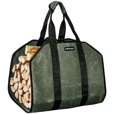 Imagem de Infinicare Porta-lenha com alças – Bolsa de madeira de lona resistente com alças – Porta-madeira durável para lenha, adequado para lareira interna e acampamento ao ar livre – Verde militar