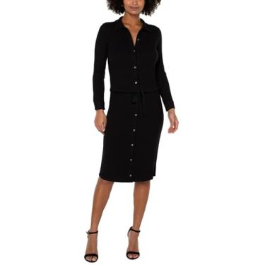 Imagem de Liverpool Vestido feminino de malha de manga comprida com botões na frente, Preto, P