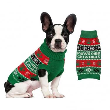 Imagem de Suéter de malha para cães pequenos a grandes, meninos e meninas, suéteres clássicos de Natal para cães de gola rolê, roupas quentes e macias para animais de estimação para o inverno (verde Papai Noel
