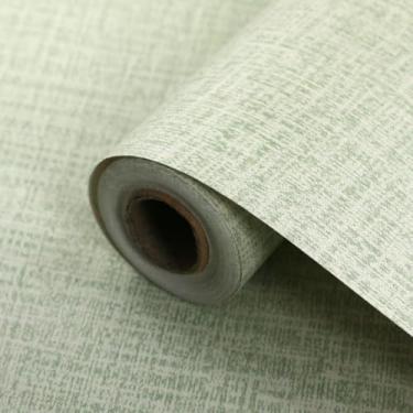 Imagem de ESSMOKO Papel de parede sólido padrão de linho autoadesivo material de PVC impermeável papel de parede quarto sala de estar dormitório adesivo de renovação verde 45 * 1000 cm
