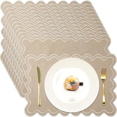 Imagem de Gandeer Conjunto de 12 jogos americanos de linho 33 cm x 48 cm ondulado bordado recortado em camadas duplas tapetes de mesa de jantar de fazenda, guardanapos de tecido para hotel, restaurante, festa