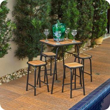 Imagem de Conjunto De Mesa E 4 Bancos P/ Varanda Pequena Madeira E Aço - MetalCr