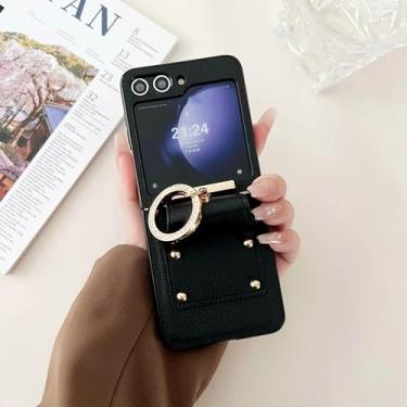 Imagem de Capa para Galaxy Z Flip5 de couro sintético com suporte de anel, proteção dobrável com dobradiça e capa à prova de choque (para Galaxy Z Flip5/preto)