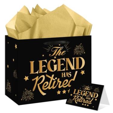 Imagem de HSKMAKE Bolsa de presente de aposentadoria em ouro preto - grande The Legend Has Retired Gift Bag com cartão, papel de seda e papel de embrulho - lembrancinhas de festa de aposentadoria para homens