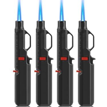 Imagem de Samniu Pacote com 4 isqueiros de tocha, chama de jato ajustável à prova de vento, com trava de segurança, isqueiros longos recarregáveis de butano para churrasqueira, acampamento, vela, fogão (sem gás