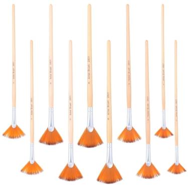 Imagem de XLIUAX 10 pincéis de leque, pincéis de leque para pincéis de pintura, conjuntos de pincéis de pintura com cabo longo de madeira com cerdas de cabelo de nylon para artistas, kits de pintura de guache
