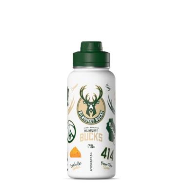 Imagem de Hydrapeak Garrafa de água ativa Milwaukee Bucks 947 ml oficialmente licenciada pela NBA com tampa Chug de aço inoxidável reutilizável com isolamento de parede dupla, presente esportivo