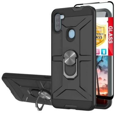 Imagem de TJS Capa compatível com Samsung Galaxy A21, com [protetor de tela de vidro temperado de cobertura total], anel de metal suporte magnético suporte resistente capa protetora contra quedas capa para