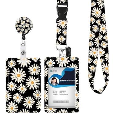 Imagem de Porta-crachá de identificação com cordão retrátil e chaveiro, carretel de crachá com clipe de mosquetão giratório, etiqueta de nome de cartão de margarida vintage, cordão protetor de identidade