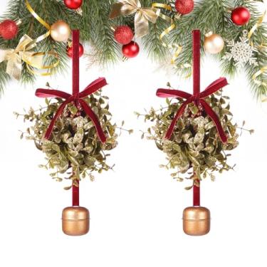 Imagem de Canlierr 2 peças bola de visco enfeite de sino de Natal bola de beijo com brilho visco com arco de sino e frutas vermelhas ornamento artificial para pendurar na entrada de teto (12 cm)