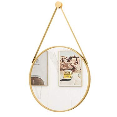 Imagem de Espelho redondo nórdico, espelho de parede com tira, espelho de pendurar, espelho de banheiro com moldura de metal, espelho circular de parede para sala de estar, quarto de adolescente, banheiro