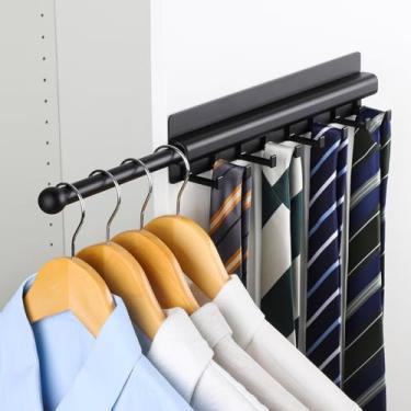 Imagem de BaiNong Vara de manobrista para armário com 30,5 cm (12") com 8 ganchos, adesivo preto, haste de manobrista deslizante, organização e armazenamento