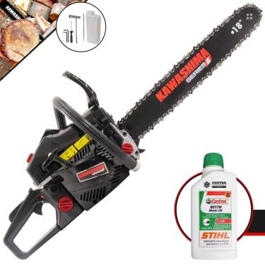 Imagem de Motosserra À Gasolina Kawashima KCS 520E 50,8cc Alta Potência e Rotação Com Sabre 18’` Sistema Antivibração e Carcaça de Alumínio + ÓLEO STIHL 8017