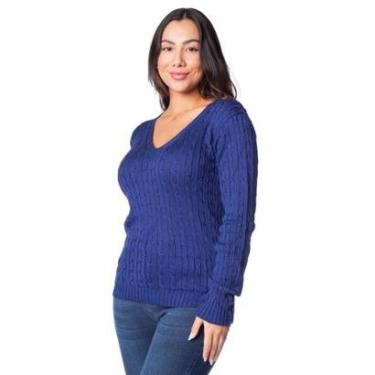 Imagem de Blusa Feminina Oliveira Malhas Trançada com Gola V Marinho-Feminino