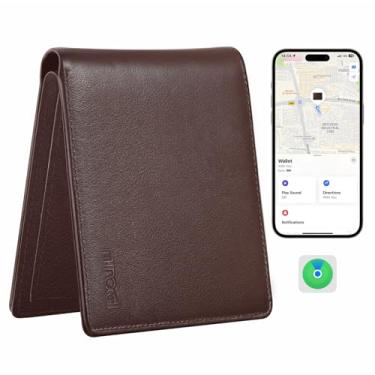 Imagem de Carteira masculina dobrável de couro embutida Find My Real Time Tracker para substituição para AirTag, carteira masculina com bloqueio de RFID com janela para identidade, 6 porta-cartões de crédito