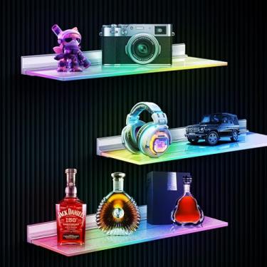 Imagem de VST Prateleira flutuante com luzes pacote com 3 | Prateleiras de parede RGB | Sincronização de música | Controle de aplicativo e voz | Compatível com Alexa/Google Assistant/TUYA | Luz de humor para